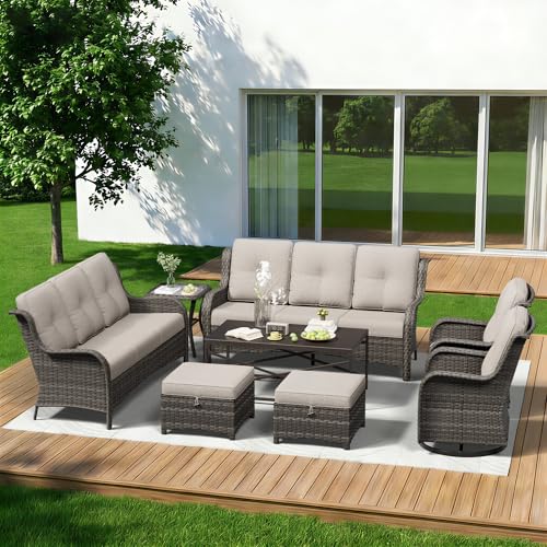 Image of 8 Piece Outdoor Wicker Patio Furniture Set, Outdoor Swivel Rocker Patio Chairs Set with Thickened Olefin Cushions, High Back and Deep Seating, Hand-Woven PE Rattan for Porch, Deck