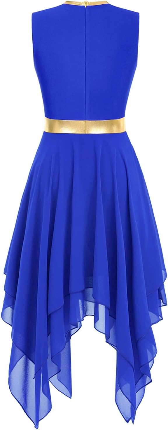 Praise Dance Tunic Dresses for Women Sleeveless Gold Color Block Irregular Flowy Skirt Worship Lyrical Dance Costume