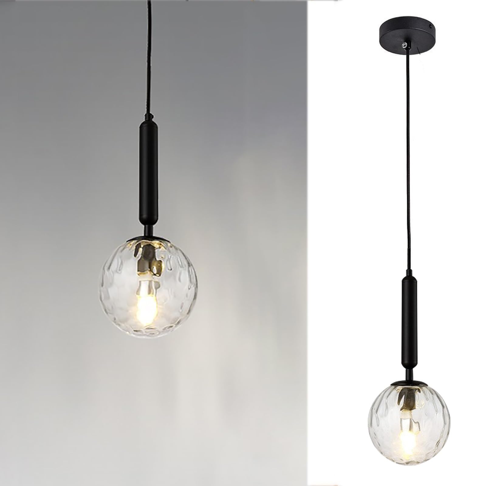 Modern Globe Kitchen Island Pendant Lighting, Ceiling Lamp, White Frosted Glass Globe Shade / Glass Lampshade in Water Ripple, Industrial Vintage Spherical Ceiling Hanging Lamp ( Color : B-black , Siz