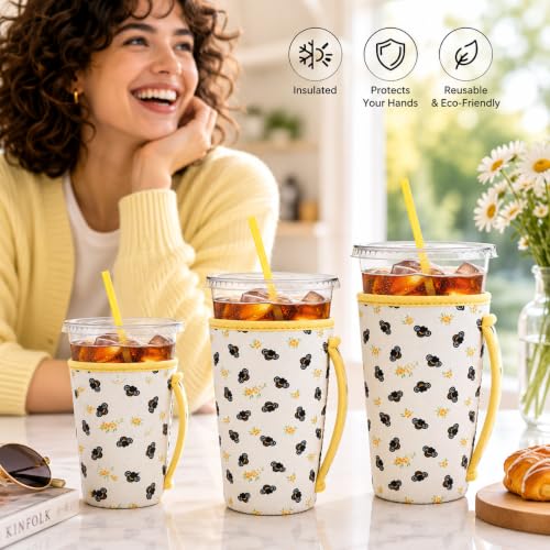 Image of KJQJLY 3 Reusable Iced Coffee Sleeves for Iced Coffee Cups or Drinks Reusable Neoprene Insulated Sleeves for Hot and Cold Drinks from Starbucks, Dunkin, And More (Honey Bee)
