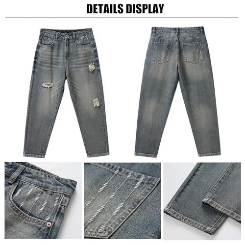 Baggy Straight Leg Ripped Jeans for Men Distressed Vintage Denim Pant Loose Ankle Length Harem Skater Street Jeans3