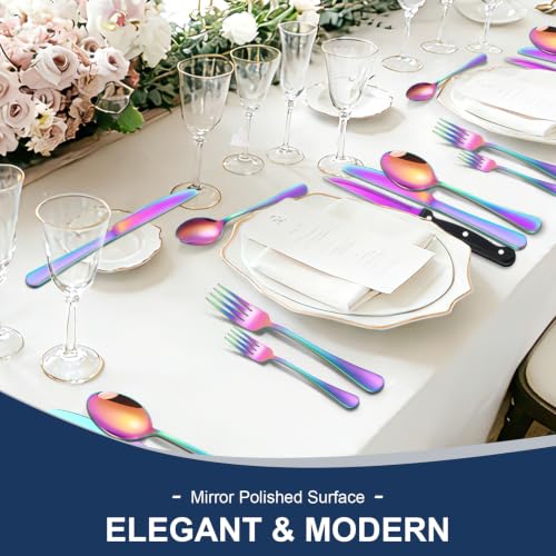 Image of 24-Piece Rainbow Silverware Set with Steak Knives Black Stainless Steel Flatware Set for 4 Food Grade Tableware Cutlery Set Rust-proof, Mirror Polished, Dishwasher Safe