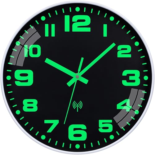 NESIFEE Wanduhr Funk Funkuhr Wand Leuchtend Funkwanduhr Wanduhr Ohne Tickgeräusche 25 cm Schwarz batteriebetriebene Uhr für Küche, Wohnzimmer, Schule, Büro, Badezimmer