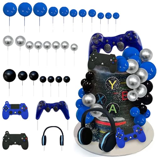 Juego de decoración para tartas de cumpleaños, para fiestas temáticas de jugadores, decoración para tartas de cumpleaños con controlador, auriculares y globo (azul y blanco)