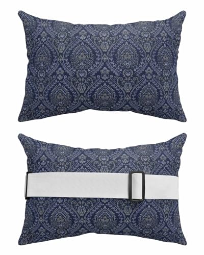 AMZRicher Navy Mandala Outdoor Waterproof Pillows for Recliner Chaise Lounge Chair, Traditional Oriental Boho Tribal Floral Lumbar Pillows with Inserts & Elastic Band for Patio Beach 2 Pack-12x20 in