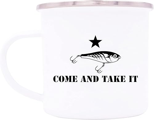 Rogue River Tactical Taza divertida de campamento de pesca esmaltada para acampar taza de café regalo ven y tómalo señuelo pescador pescado