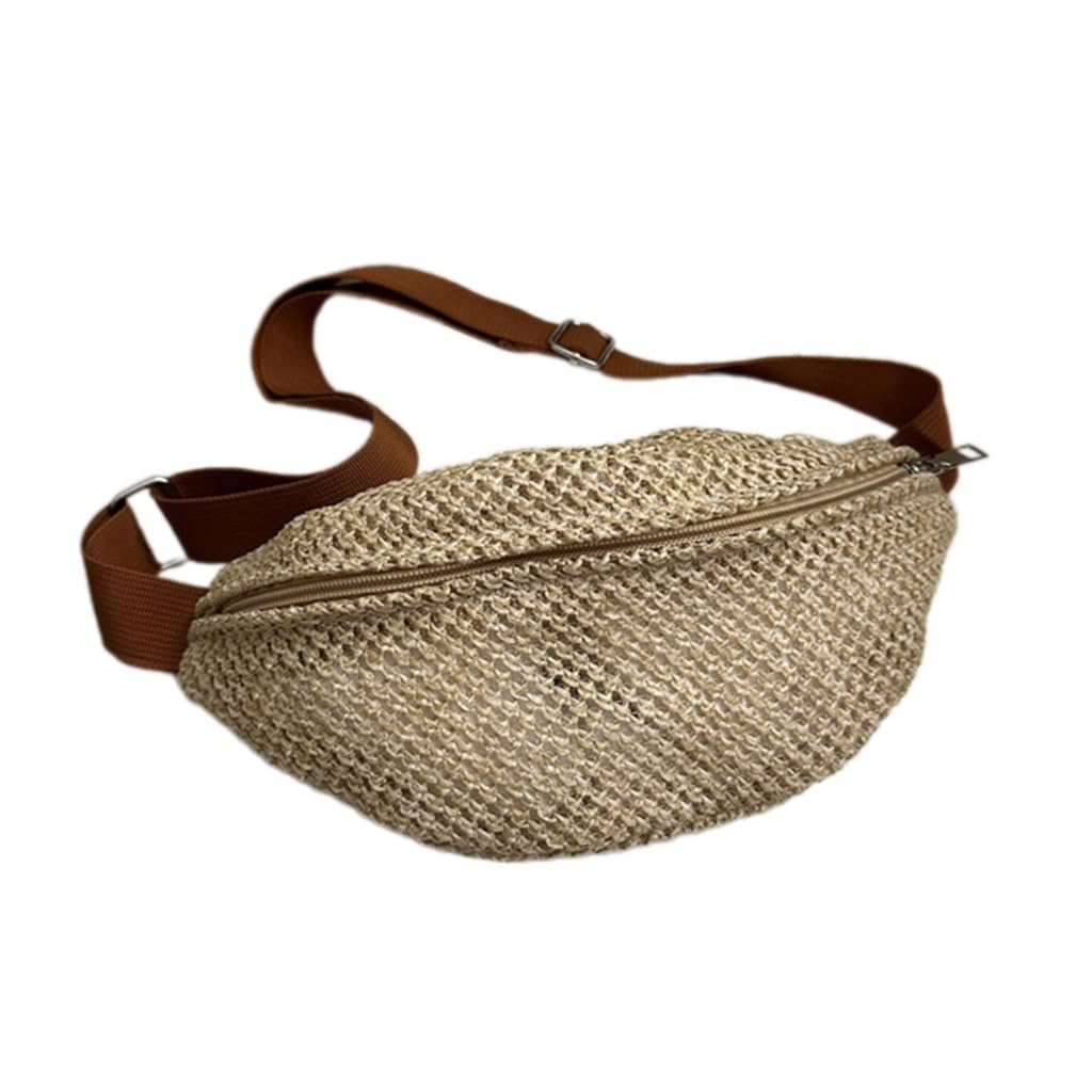 PEVive Multipurpose Woven Straw Waist Pouch for Women Beach Crossbody Chest Bag Zippered Fanny Pack for Outing and Vacation