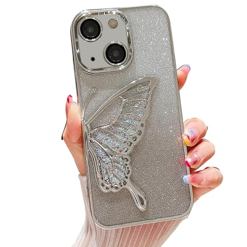 Image of mobistyle Designed for iPhone 14 Plus Cover with Glitter Cute Butterfly Electroplating Design Back Cover Case for Women Teen Girls (Silver)