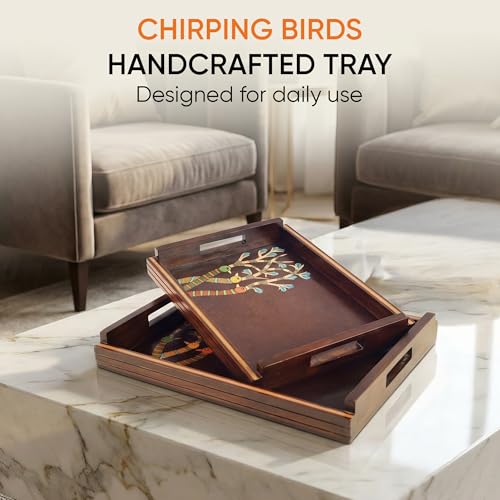Image of AAKRITI ART CREATIONS Chirping Birds Handcrafted Serving Tray Set of 2 | Floral Art | Brown Wooden Tray Set | Glossy Finish Serving Trays | Tray for Dining Table & Kitchen