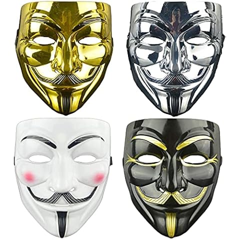 QDS 4 Pack of V For Vendetta Face Masks Anonymous Guy Fawkes Hidden Identity Hacker Fancy Dress Mask Set of 4 Colours, One Size Cover