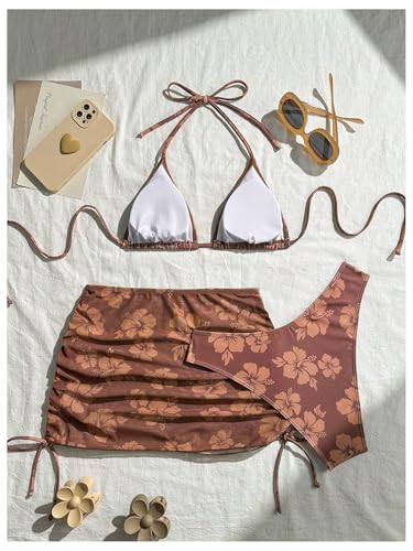 Women's 3 Piece Bikini Sets Floral Triangle Thong Bikini High Cut Swimsuit String Bathing Suit with Cover Up Skirt2
