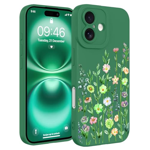 Image of Designed for iPhone 16 Case Flower for Women Girls, Green | Cute Floral Pattern Liquid Silicone Phone Case [Full Camera Protection] Slim Soft TPU Protective Cover
