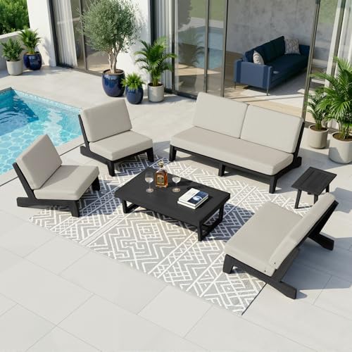 Image of Pia Ricoo 6-Piece Patio Furniture Set, Outdoor Sectional Sofa with Loveseat, 2 Chairs, Coffee Table & Side Table, All-Weather Conversation Set for Backyard /Deck /Lawn - Light Camel /Dark