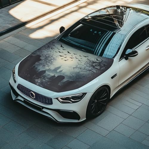 Image of Car Hood Cover Tombstone Print Car Hood Protector Waterproof Universal Automotive Exterior Accessories Halloween Decorations for Compact Vehicles Sedans Trucks SUVs Pickup (59x39 Inch)