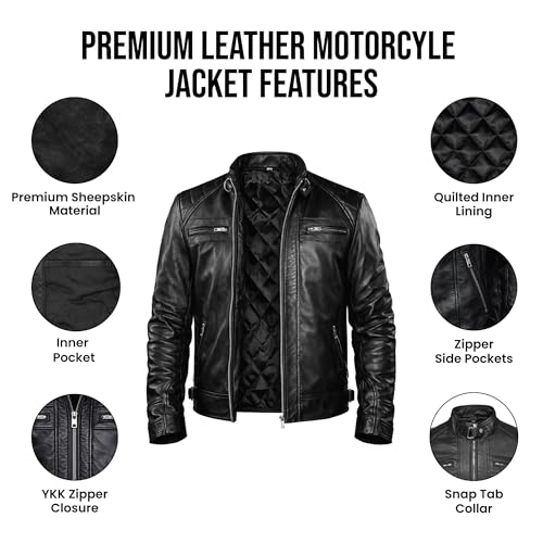 Image of TLC Mens Leather Jacket | Sheepskin Quilted Shoulders Bold Biker Cafe Racer Style Leather Jacket Men