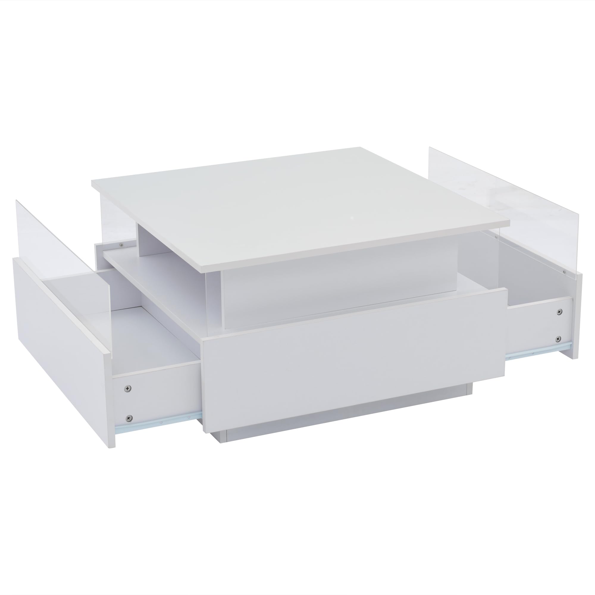 SACOOL Mesa de centro LED de 70 x 70 x 41 cm con 2 cajones y área de presentación transparente. Soporta hasta 30 kg, ideal para salas de estar elegantes