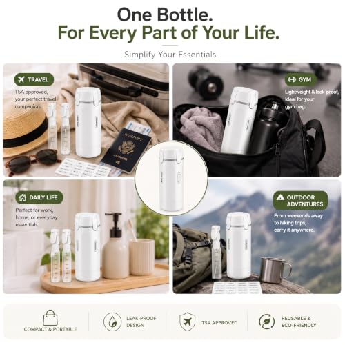 Image of 4 in 1 Travel Dispenser Bottle, TSA Approved Leak Proof Refillable Travel Toiletry Containers, 4x30ml Bottles for Shampoo,Oil,Lotion,Body Wash,Travelling Accessories Kit for Women,Men (White)