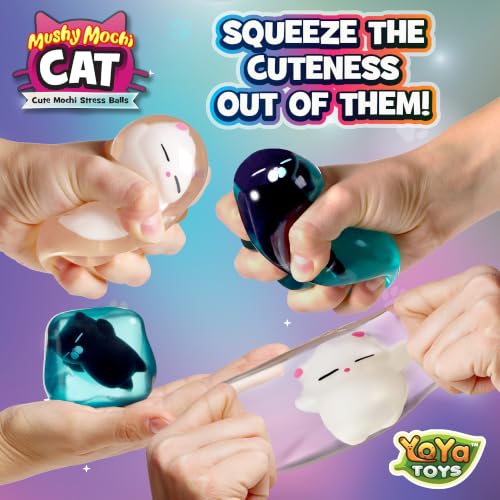 YoYa Toys MushyMochi Cat – Squishy Cubes 2-Pack – Fidget Cube Stress Balls with Mochi Cats – Cute Kawaii Stretch & Squeeze Squishies, Cool Cat Calming Sensory Toy – Great Gift for Kids - Boys & Girls
