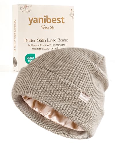 YANIBEST Beanie Hat for Women Men Satin Lined Beanie Hats Winter Hat Womens Cuffed Beanies Knit Skull Cap Warm Ski Hat Unisex (US Alpha One Size Khaki)