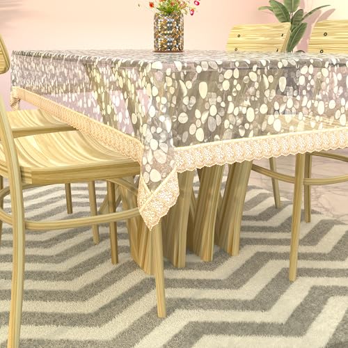 Image of Kuber Industries Waterproof 45x70 Inches Rectangular Table Cloth For 4 Seater Dining Table | PVC Study Table Cover Sheet & Protector | Stone & Golden Lace
