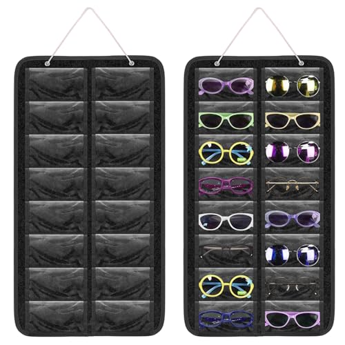 HNBTX Organizador Gafas Colgante, 16 Compartimentos organizador gafas de sol,con 3 Gancho de Metal,Soporte Colgante De Fieltro Para Gafas Perfecto para cualquier habitación-Negro