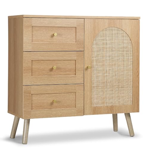 JOMEED Rattan Small Storage Cabinet with 3 Drawers and Door, Accent Sideboard Buffet Cabinet with Adjustable Shelf for Living Room, Entryway and Hallway