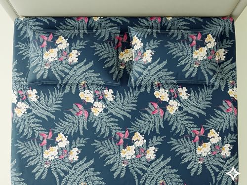 Image of Cotton Bolls Textiles Glace Cotton Flat Bedsheet 90x90 Inch with 2 Pillow Covers - Soft Breathable Glace Cotton, Printed Bedding Set for Double Bed