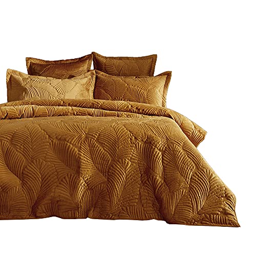 Paoletti Palmeria Quilted Duvet Cover Set – Luxe Embroidered Velvet Bedding (Gold – King)