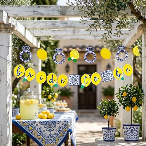 Image of Lemon Bridal Decorations Capri Lemon Engagement Banner Blue Tiles And Bride to Be Banner Fruit Theme Bachelorette Party Decoration