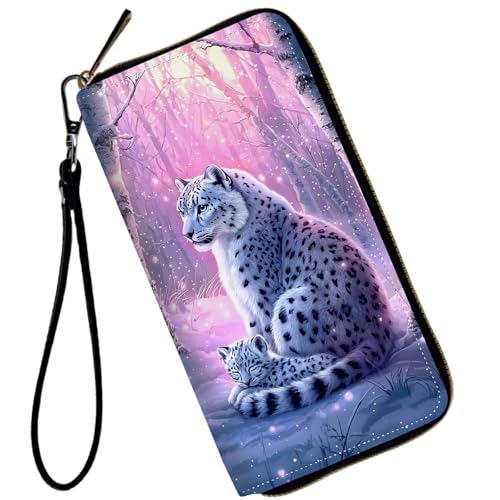 Ladies Wallet,Clutch Purses for Women Wallets Leather Credit Card Holder for Women Wristlet Slim Small Cute with Zipper,Thin RFID Blocking with Wrist Strap,Snow Leopard Forest