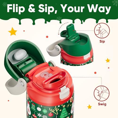 Image of Christmas Insulated Water Bottle with Straw - Leak Proof Stainless Steel Water Bottle for School, Travel, Keeps Cold All Day, One-Touch Flip Lid, Holiday Gifts For Women Men, 24 oz, Frosty Forest