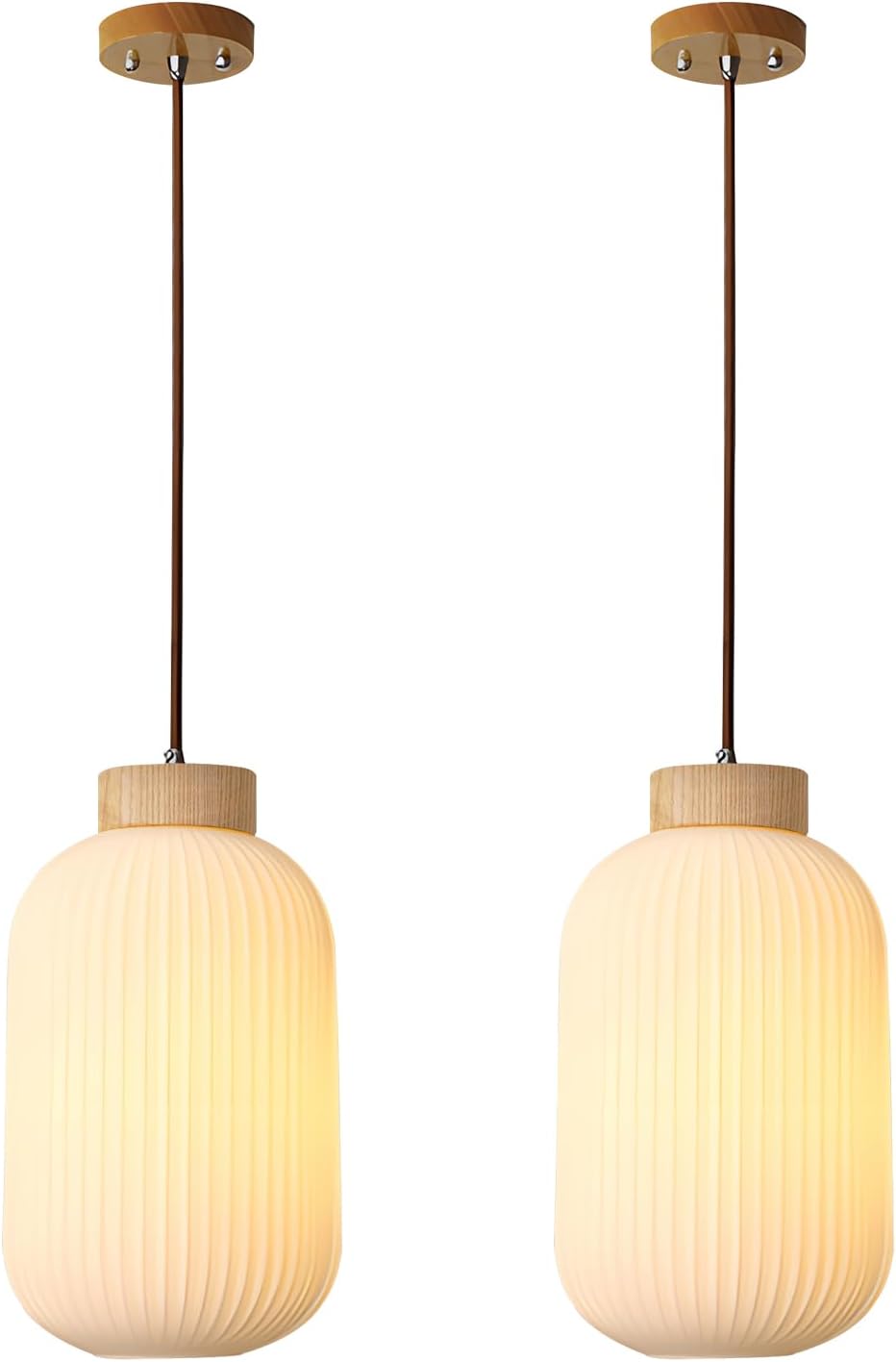 White Ribbed Glass Pendant Light Mini Pendant Light Nordic Wood and Glass Pendant Light Set of Two Mid Century Modern Globe Pendant Lights Kitchen Island Lighting 2 Pack