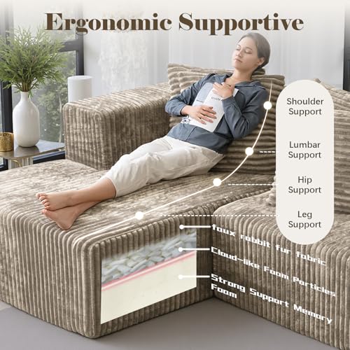 130'' U Shaped Couch, Cloud Modular Boneless Sectional Couches with 2 Chaise Lounge, Modern Upholstered Faux Rabbit Fur Sofa Sleeper Deep Seat Corner Couch for Living Room, No Assembly (Light Coffee) - Image 5