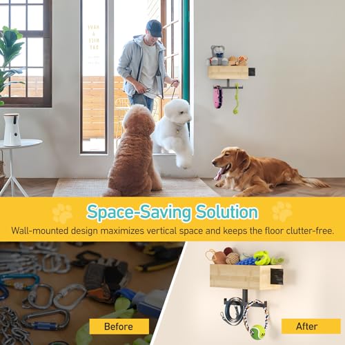 BugyKido Hundegarderobe mit Ablage, Hölzerne Hundeleinen Halterung, Hunde Garderobe für Schlüssel, Hundeleinen, Kotbeutelspender und Zubehör (Größe L)