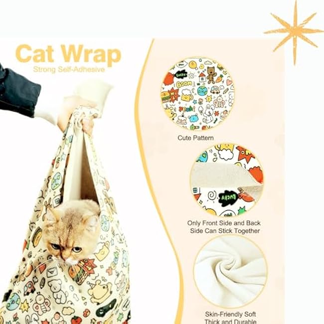Cat Grooming Wrap¨C Self-Adherent Anti-Scratch Wrap for Cat Stress-Free Nail Clipping, Ear Cleaning, Taking Medicine (L, Graffiti)-Ob0TN28L