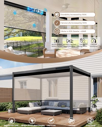 Image of Kincmo Motorized Outdoor Shades for Patio Porch, Custom Outdoor Motorized Blinds with Remote, Waterproof & Windproof Patio Shades Work with Apple Home,Alexa,Google (Beige-5% Openness)