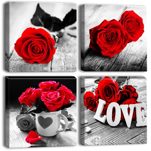 Artscope 4 Parties Impression sur Toile - Rose Rouge Impression sur Toile Décoration Murale pour Chambre Peintures à l'huile pour Maison Bain Salon Chambre 30x30CM