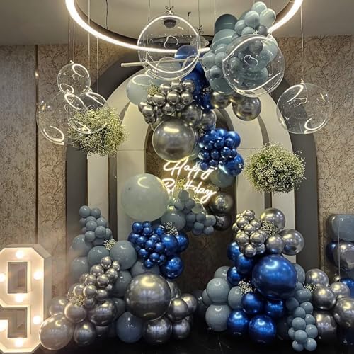 Image of Jobkoo Navy Blue Gold Balloons, 12 Inch Dusty Light Blue Golden Latex Balloon Set for Boys Birthday Winter Wonderland Wedding Baby Shower Party Decorations