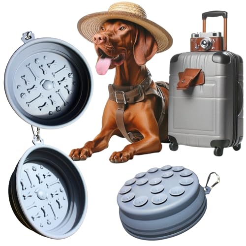 KPET® LamiBowl Bebedero Perro y Gato Portatil - Tazón Plegable Silicona con Alfombrilla para Lamer y Base Antideslizante. Comedero Ideal Viajes, Senderismo. Tazón de Viaje con Mosquetón (Gris)