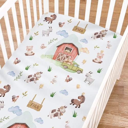 Image of Watercolor Farm Life Fitted Crib Sheets for Boy Girl 52"x28" Farm Animals Pig Goat Horse Cow Chick Rooster Duck Leaves Barn Truck Soft Fitted Nursery Bed Sheets for Standard Crib Toddler Mattress