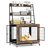 COSTWAY Dog Crate Furniture, Wooden Dog Cage on Wheels with Storage Shelves, 3 Lockable Doors, Flip Top Lid, Removable Tray, Indoor Pet Kennel for Small to Large Sized Dogs