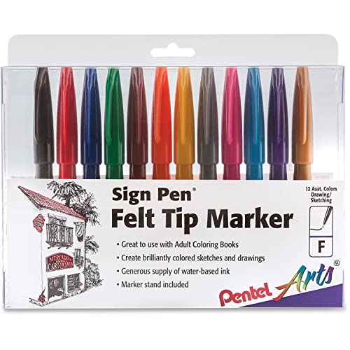 Pentel S52012 Sign Pen Fine Point Color Marker, Bullet Tip, .7mm, Assorted, 12/Set