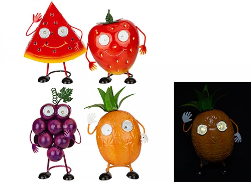 JMS we create smile - 1x Big Eyed Solar Veggie & Fruit Ornaments – Wobbly Eyes Metal Garden Statues with LED Warm Lights | Funny Outdoor Decorations for Garden, Balcony & Yard (ASSORTED) - (Fruit)