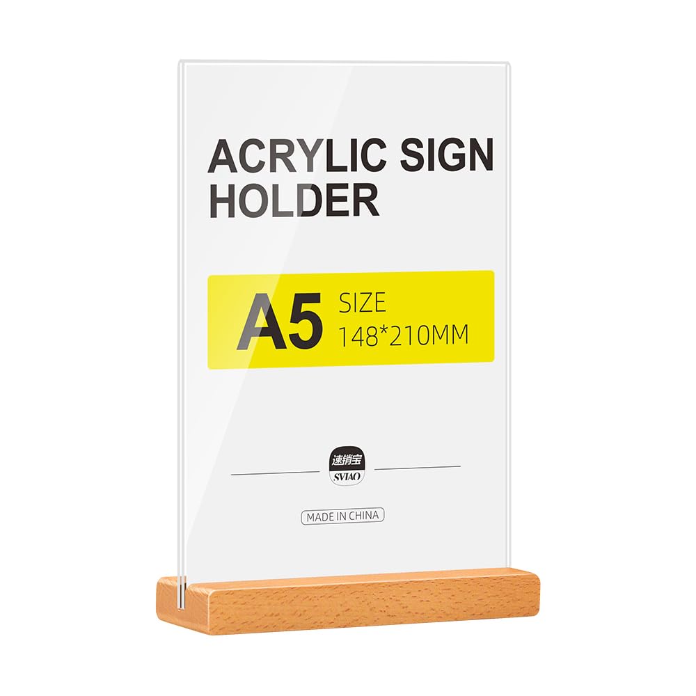 A5 Clear Wood Base Acrylic Sign Holder Price Tag Menu Holders Advertising Poster Frame Tabletop Display Racks