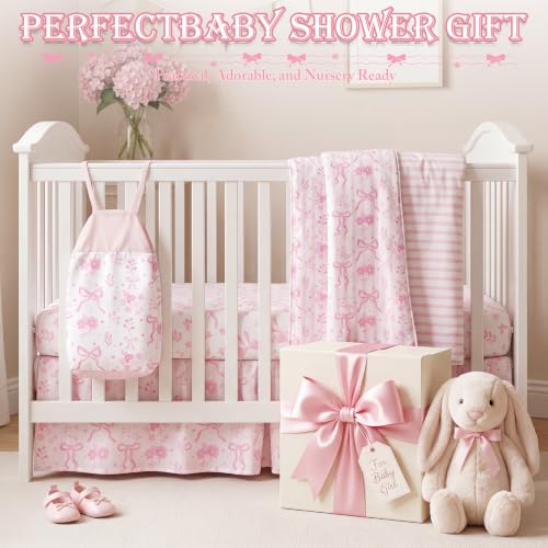 Image of Hahafelt 4 Pieces Crib Bedding Set for Girls and Boys, Soft Baby Bedding Set Including Crib Skirt, Comforter, Sheet and Diaper Stacker for Nursery(Pink Bow)
