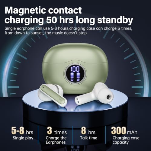 Image of Wireless Earbuds, Bluetooth 5.3 Headphones HiFi Stereo 50H Playback LED Digital Display Ear Buds with ENC Noise Canceling Headset, IPX7 Waterproof Earphones for Gym /Running /Work(Light Green)