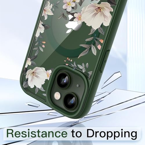 Image of VONZEE Compatible with iPhone 13 Case Luxury Retro Flowers Floral Clear for Magnetic Wireless Charging Case Shockproof Case PC+TPU Cute Glossy Shiny Cover for Girls Women, 6.1'' Green