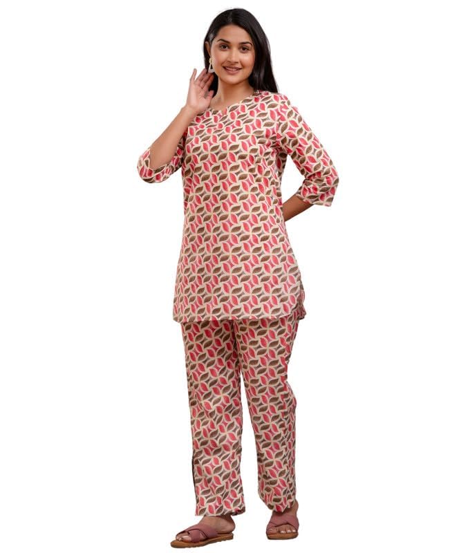 Image of Pure Cotton Printed Night Suit Set | Top Pyjama Set for Women | Night Dress of Kurta Pyjama Set for Women | Kurta Top Set