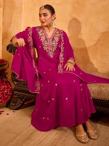 Image of Naixa Women's Vichitra Silk Embroidered Flared Kurta with Pant and Dupatta Sets (NX5-695)