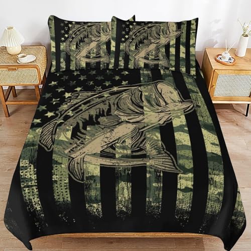 Camo Fish Bedding Set Comforter Cover Soft Duvet Cover Twin Size ffor Boys Girl Men Women Bedroom 3 Piece with 2 Pillow Shams